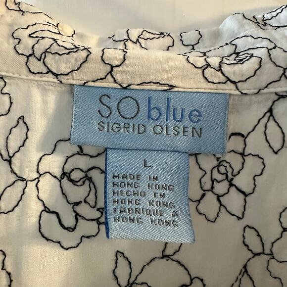 So Blue Ingrid Olsen White Black Floral Embroidered Button Up Blouse Size Large - Picture 3 of 6